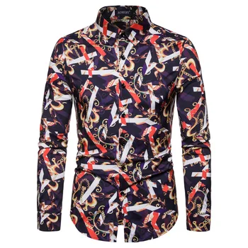 

2019 Autumn Casual Mens Shirt Slim Fit Long Sleeve Button Print Shirt Men Korean Style Clothes Men Fashion Streetwear