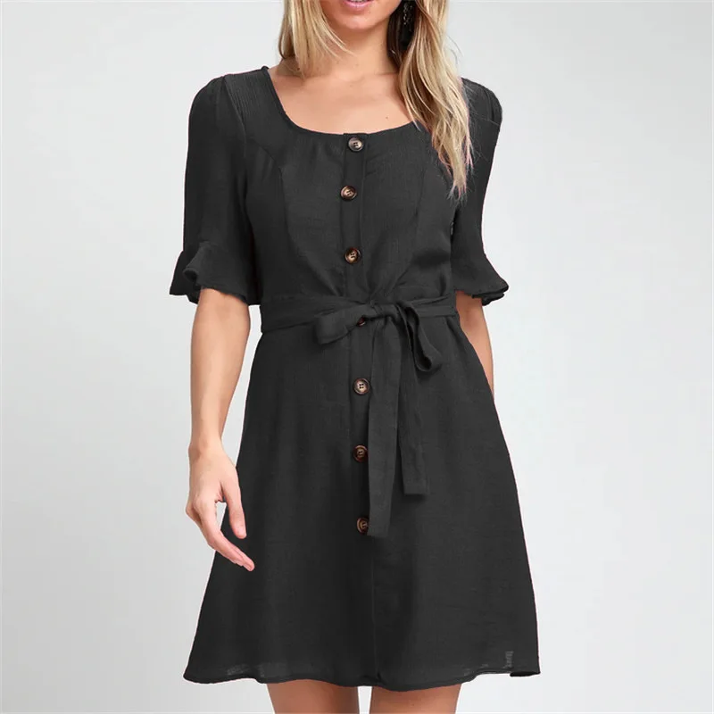 

New Arrival 2019 Summer Dress Women Solid Half Sleeve Beach Dress O Neck Button Sashes Casual Mini Dress Plus Size Robe Femme