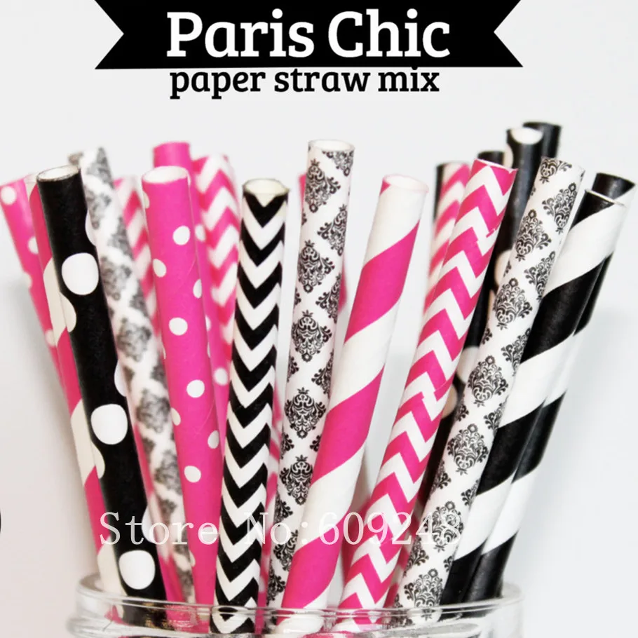 175 Pezzi Mix Colors Paris Chic Party Paper Cannucce, Hot Pink Striped,Chevron,Dot,Black Damask,Zig Zag,Girls Birthday,Wedding,Bulk