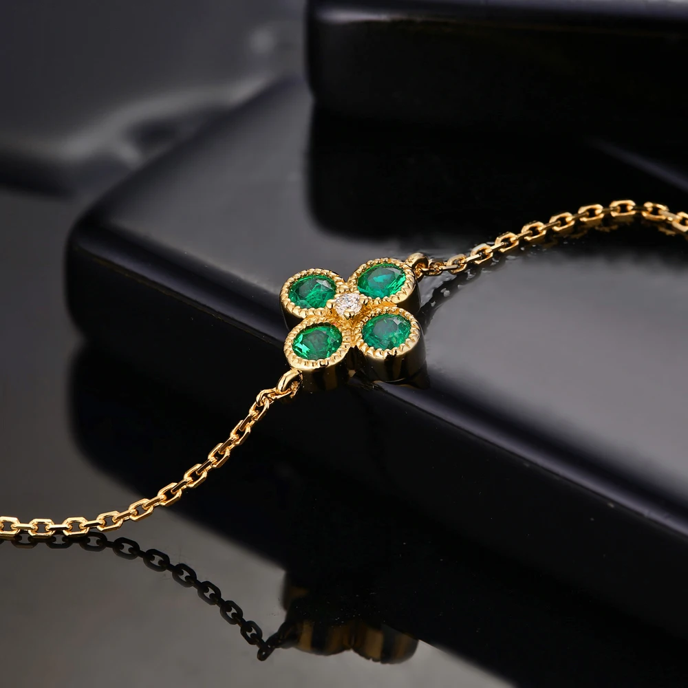Caimao Jewelry 0.53ct Natural Emerald & Diamond 18k Yellow Gold Engagement Chain Bracelet