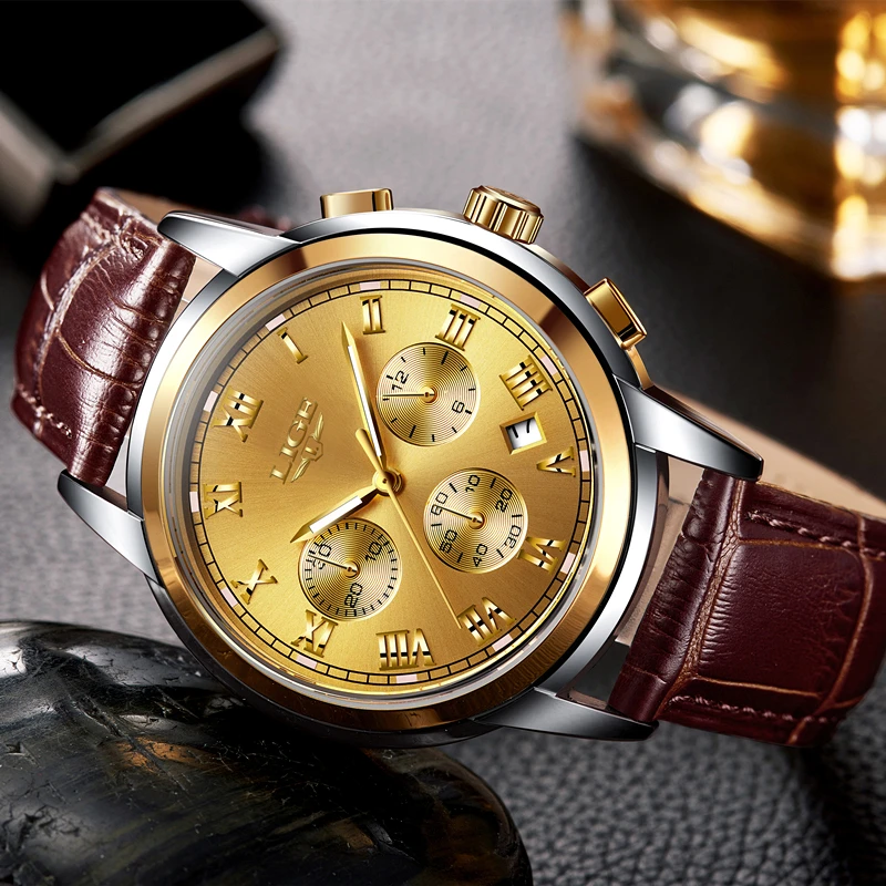 2017 LIGE Men sports Watches Male Fashion Business quartz-watch Men Leather Waterproof Clock Man Auto Date Multifunction Watches