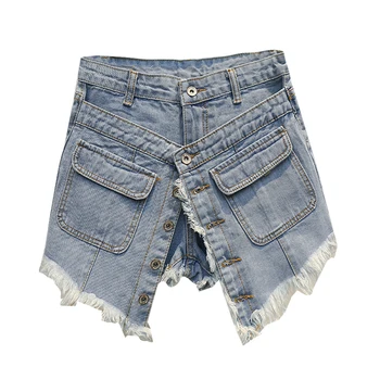 

False 2 pieces women shorts 2018 summer new button sexy hole lady party shorts jeans top quality