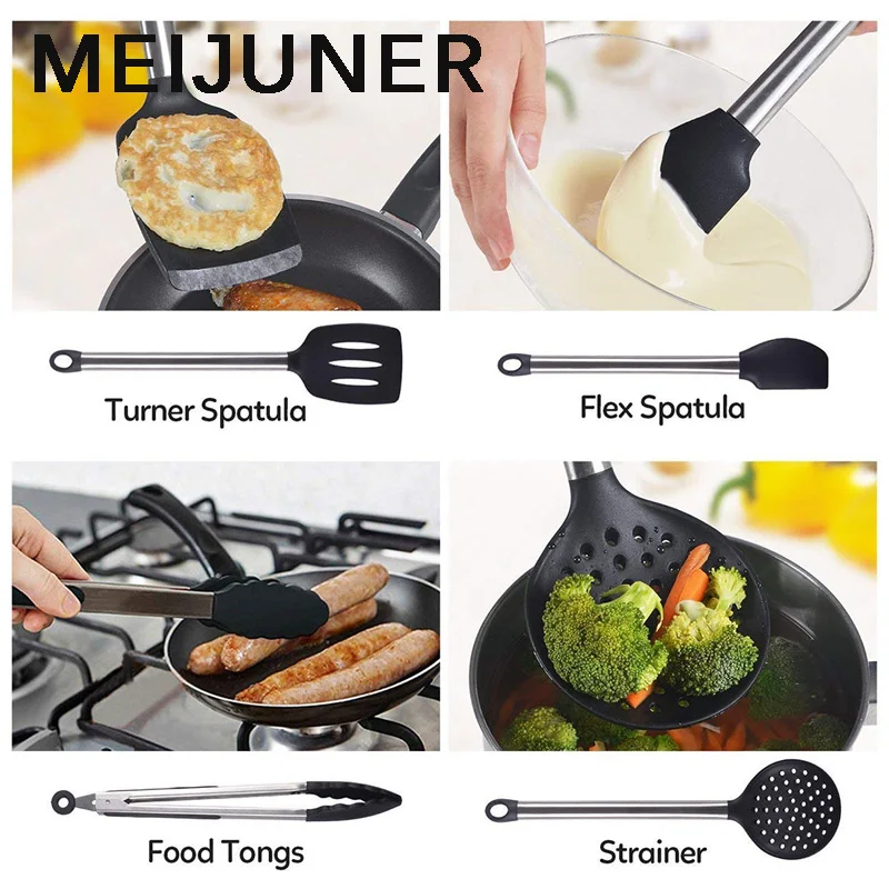 Meijuner 9Pcs Kitchen Silicone Tools Cook Tools Kitchen Gadgets Cooking Tool Egg Beater Spoon Spatula Brush Kitchenware MJ272