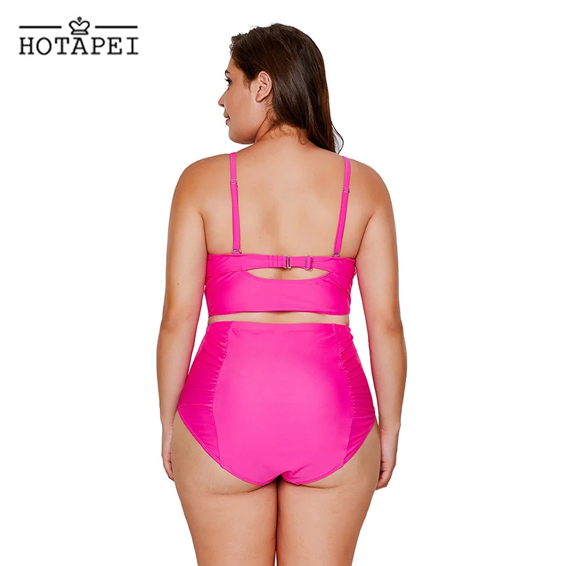 Hotapei новый плюс Размеры Купальники Черный Strappy Шея деталь Высокая талия Купальник