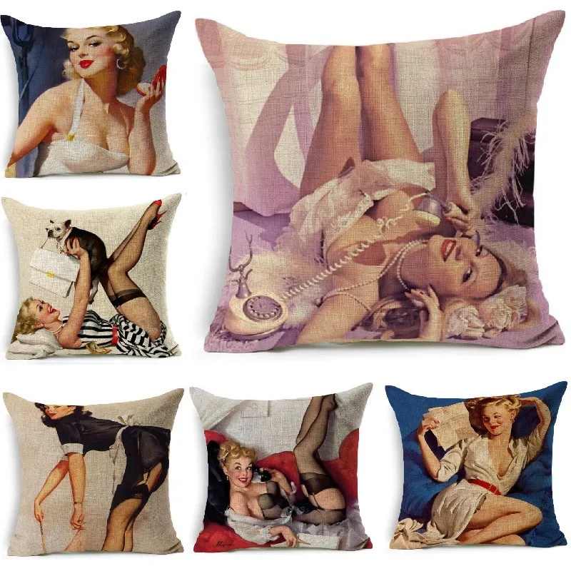 Vintage Beauty Women Cushion Cover Linen Car Sofa Case Throw Pillows Decorative Pillowcase almofada decorativos cojines
