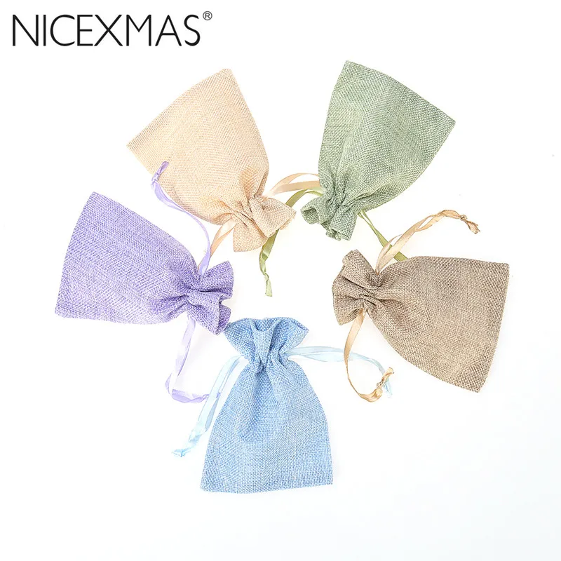 

5pcs Garden Linen Fabric Jute Drawstring bags Gift package bags Natural Burlap Bags with Nylon Drawstring Reusable home decor