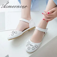 Женские туфли-лодочки летние милые лук полые цветок дышащая Обувь на плоской подошве с круглым носком женские Кожаные классические женские сандалии белый