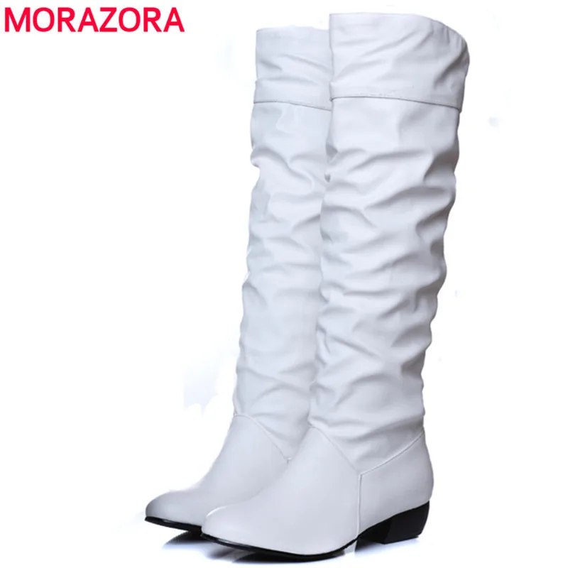MORAZORA/Большие размеры, новинка 2018 года, женские сапоги до колена, черные, белые, коричневые полусапожки на плоской подошве, женская обувь весна-осень - изображение