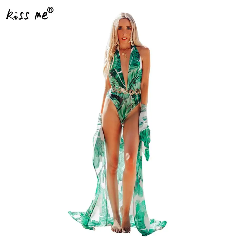 

Swimming Cover Ups Sun Protection Loose Long Tunic Chiffon Long Beach Cardigan Leaf Pattern Green Dress Sexy Bikini Cover Up