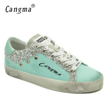 

CANGMA Women Sneakers Canvas Casual Shoes Blue Breathable Genuine Leather Footwear Female Adult Shoes Ladies Sequin