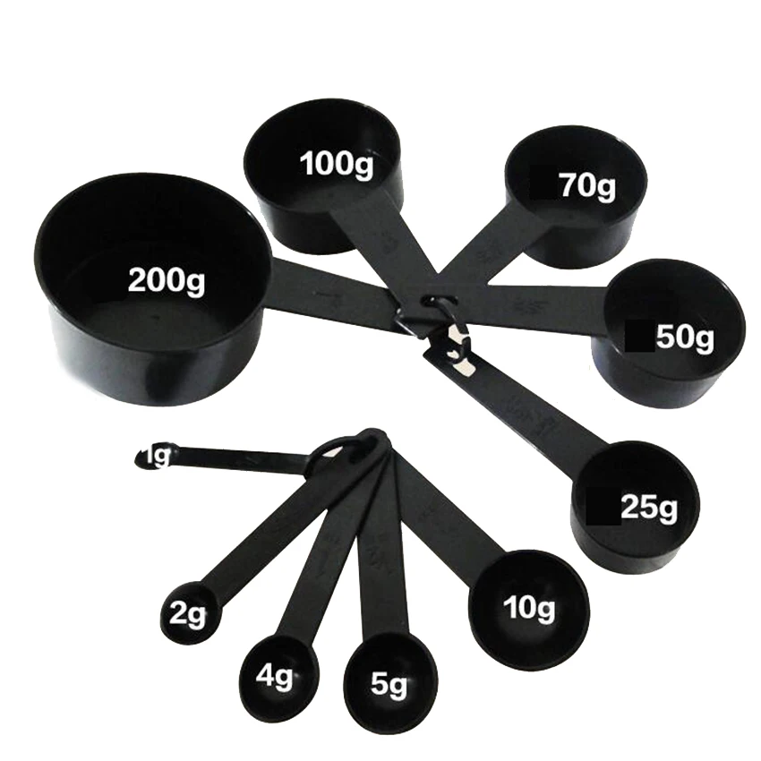 

10pc Black Color Measuring Cups-1/2/4/5/10/25/50/75/100/200g- And Measuring Spoon Scoop Silicone Handle Kitchen Measuring Tool