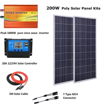 

200W Solar Panel Kit with peak 1000w pure since wave inverter: 2*100W Poly Solar Panel, PWM 20A LCD Controller Off Grid System