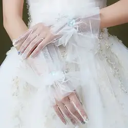 Женские свадебные перчатки с прозрачной сеткой, короткие, из искусственного жемчуга, Украшенные бусинами, с маленьким цветком, с бантом, с