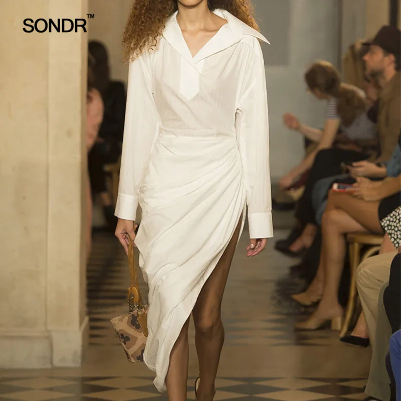 

SONDR 2019 spring irregular design fold cultivate one's morality show thin package hip long long sleeve shirt dresswhom dress