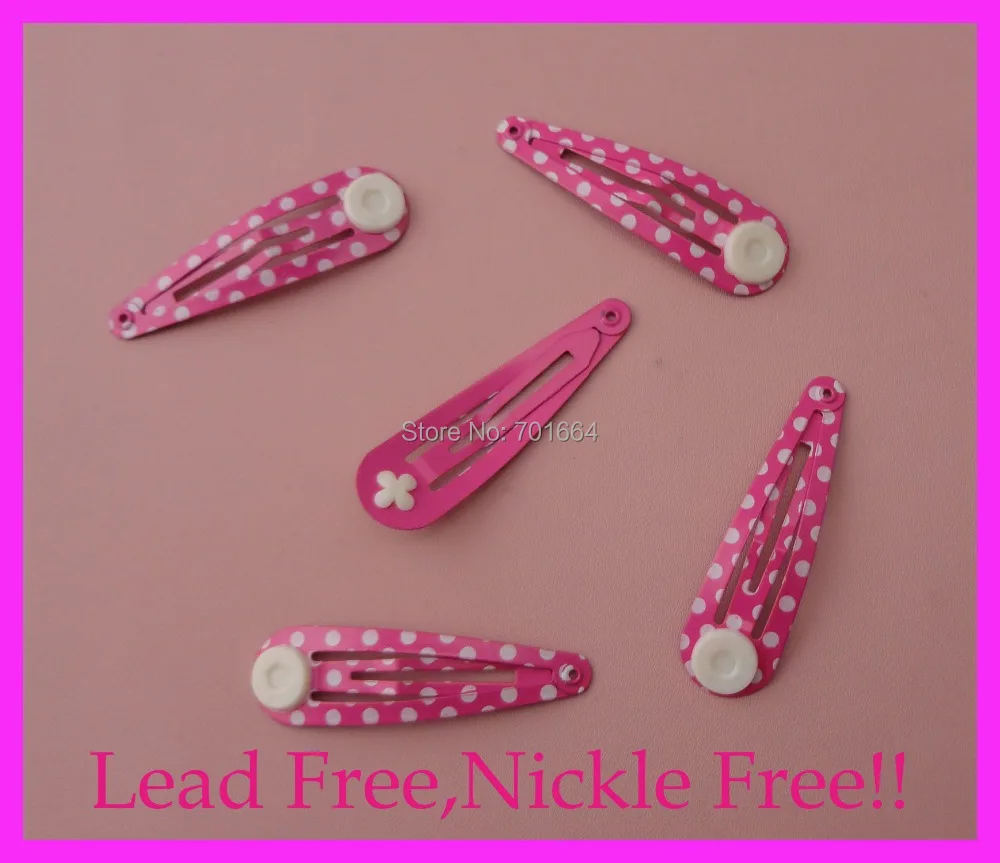 

50PCS 5.0cm 2.0" white Polka Printing Fushia Plain Metal Snap Clip with pad for kids boutique at nickle free,lead free