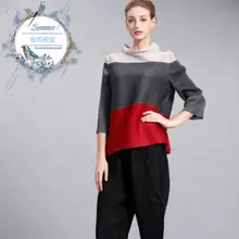 Miyake fold color fight Высокий воротник три цвета Мода Семь рукава свободная футболка