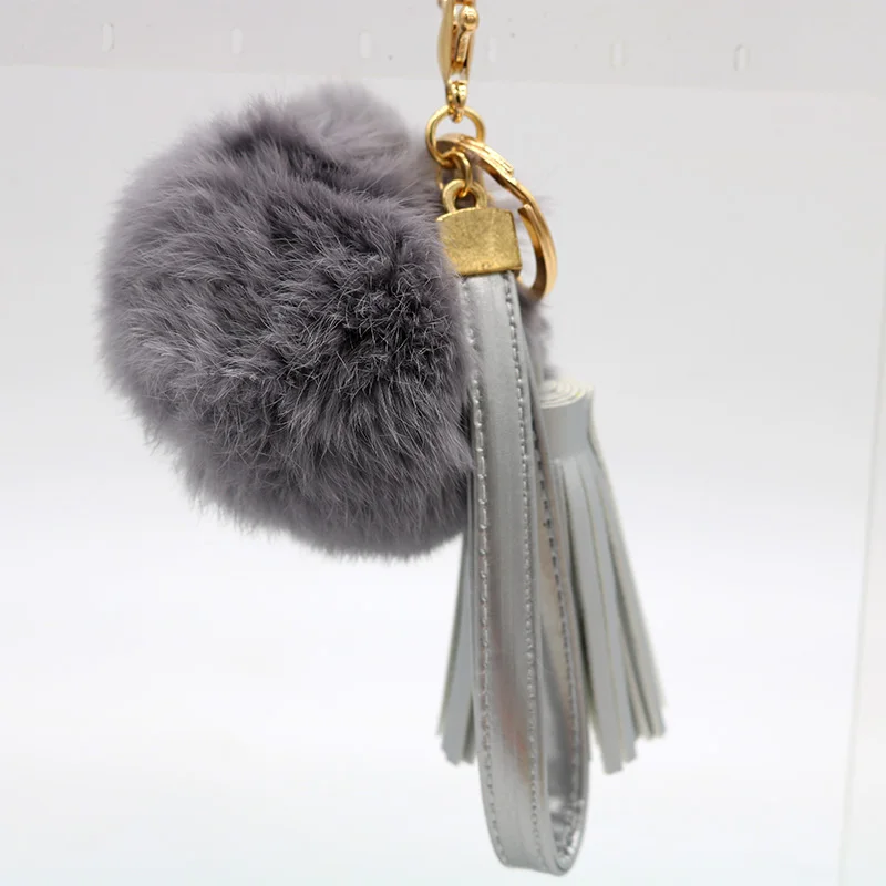 8cm Rabbit Fur Ball Key Chain Leather Tassel Keychain Leather Rope Keychains Gold pompom Key