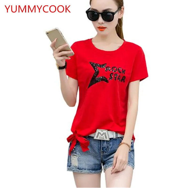 YUMMYCOOK 2018 Summer large size fashion casual Stitching letter printing round neck short-sleeved women's clothing T-shirt A205