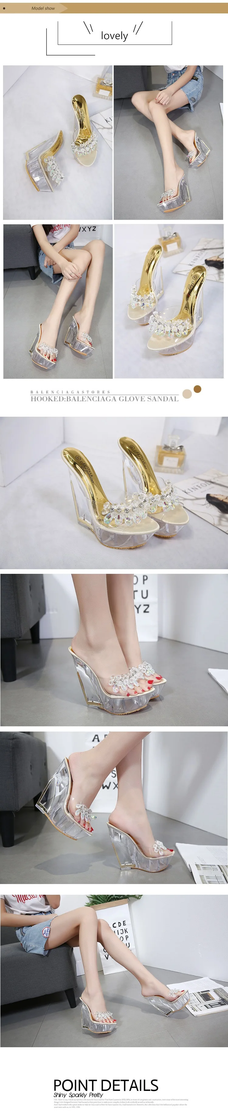 Женские шлепанцы на очень высоком каблуке 14 см с толстой подошвой прозрачная обувь с кристаллами особой формы платформа каблук