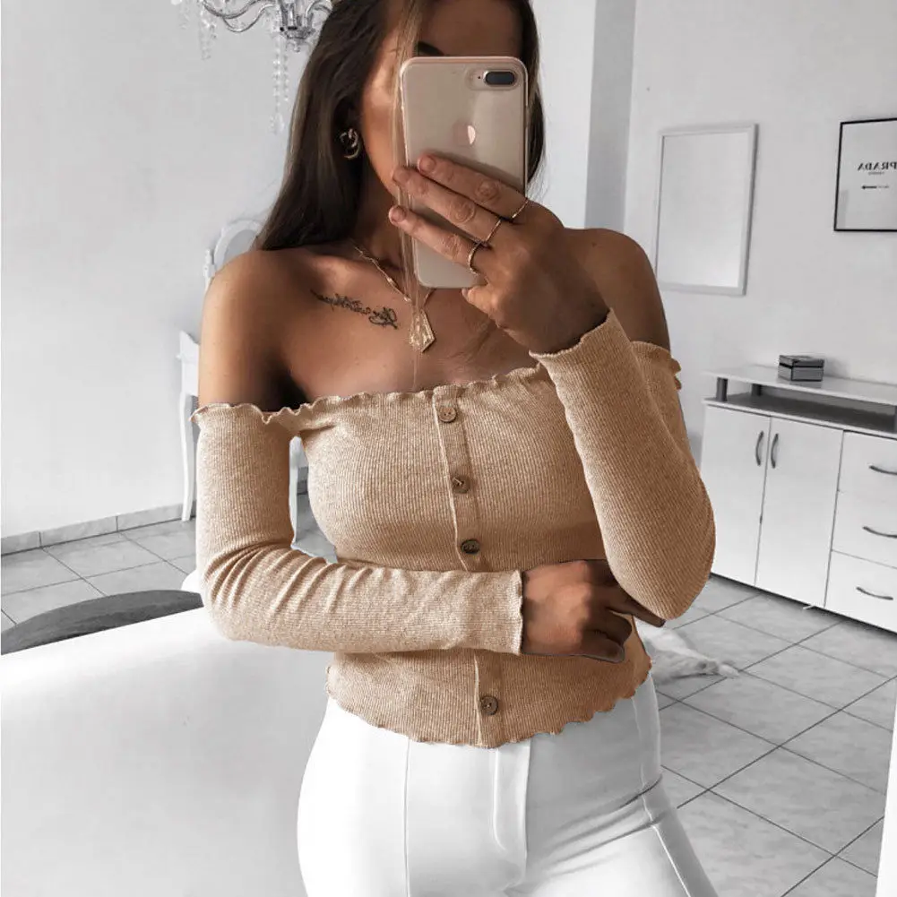 

Womens Fashion Off Shoulder Top Long Sleeve button Bodycon Bandage Tee shirt femme elegant Stretch T shirt dames streetwear