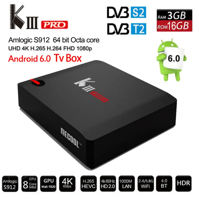 KIII Pro DVB T2 DVB S2 Hybrid Android TV Box 3G 16G Amlogic S912 Octa
