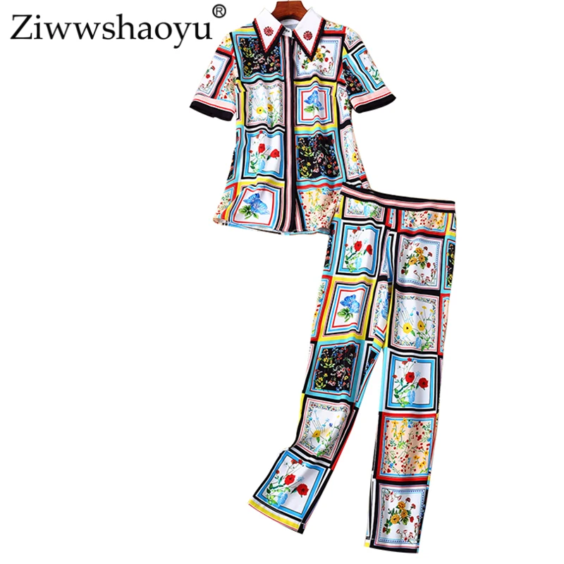 

Ziwwshaoyu Fashion Plaid Print Set Beading diamond Top + Contrast color Ankle-Length Pants Sets Spring and summer new women's