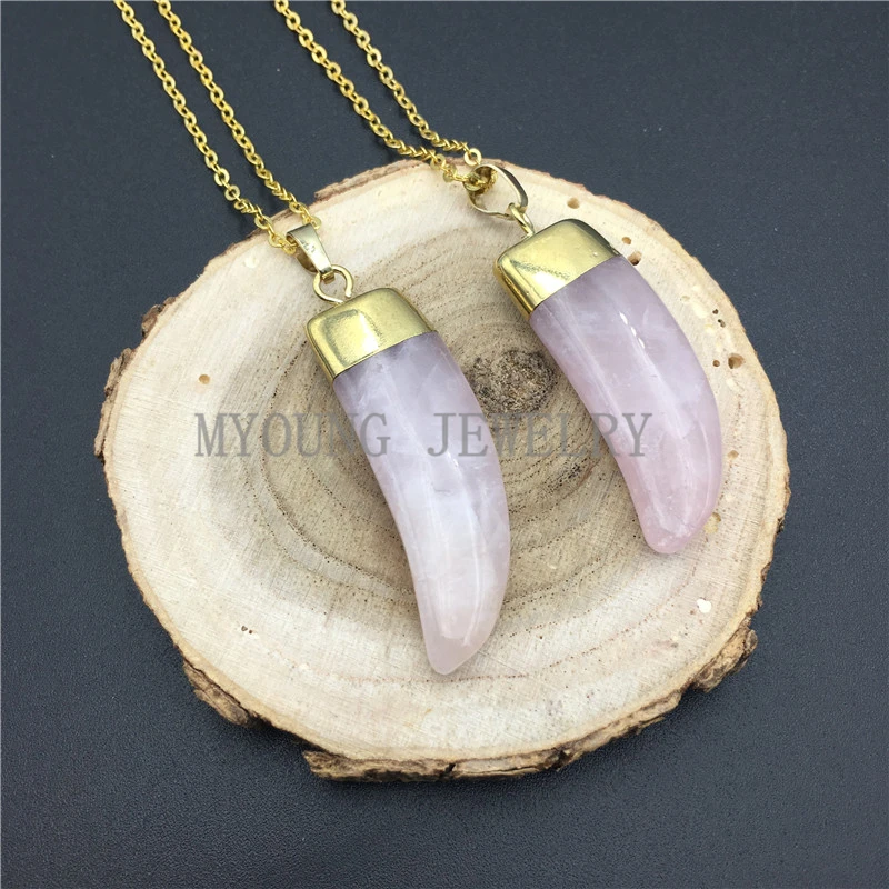 MY0943 Horn Tusk Rose Quartzs Pendant with Pure Gold Color Cap.Pink Crystal Charm Gold Color Chain Necklace  (1)