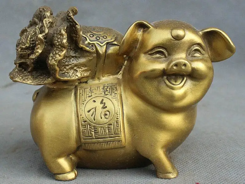 China FengShui Pure Copper Brass Year Zodiac Pig Bring Wealth Fu