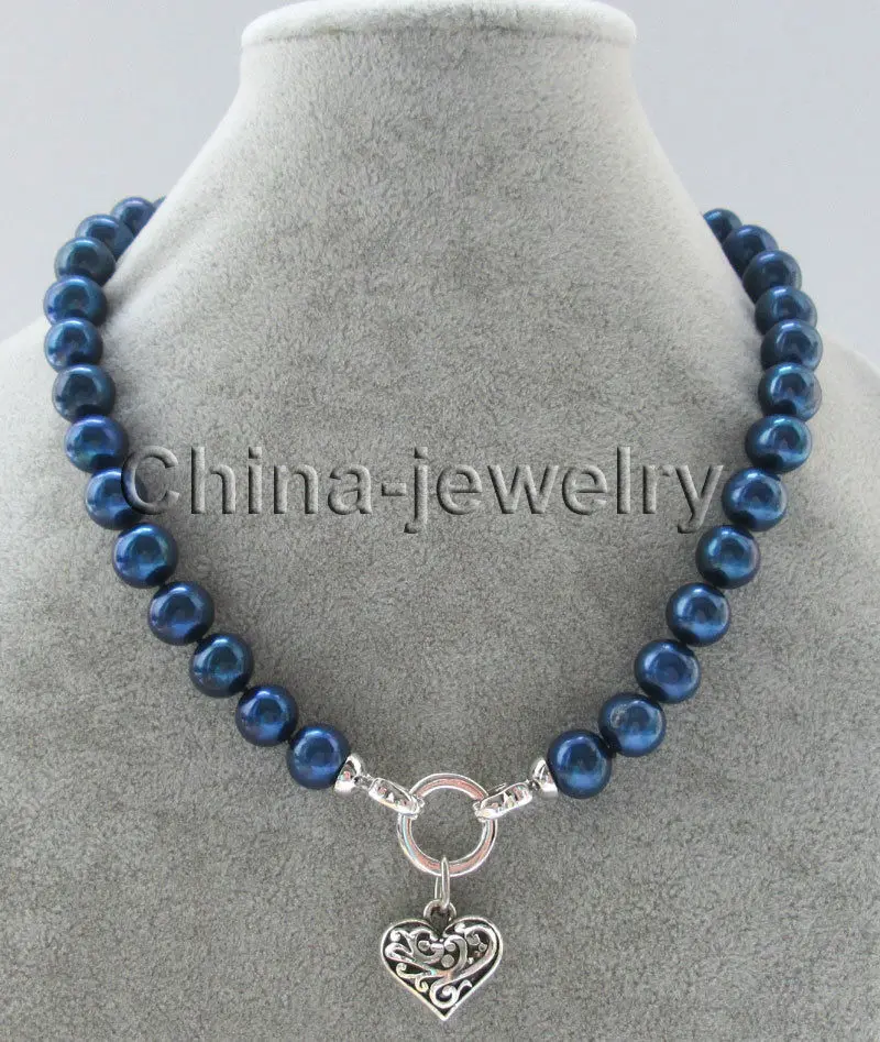 

fast Beautiful 17 " 11-12mm blue color round freshwater pearl necklace + heart shape NEW