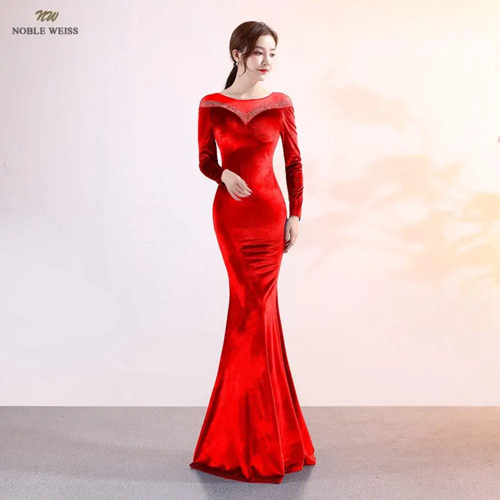 Платья для выпускного вечера темно-красное платье русалки с кристаллами для платья для выпускного сексуальное платье в пол с длинным рукавом - Цвет: Красный