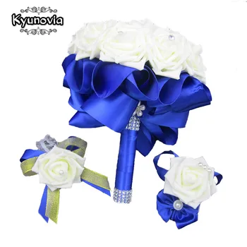

Kyunovia 3pc Set Bouquet Wrist Corsage and Boutonniere Blue buque de noiva Artificial Rose Wedding Bridal Bridesmaid Flowers FE4