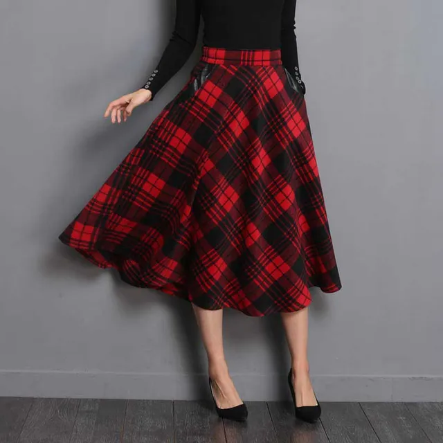 New England Style Red Plaid High Waist Midi Skirts Woolen Plus Size A