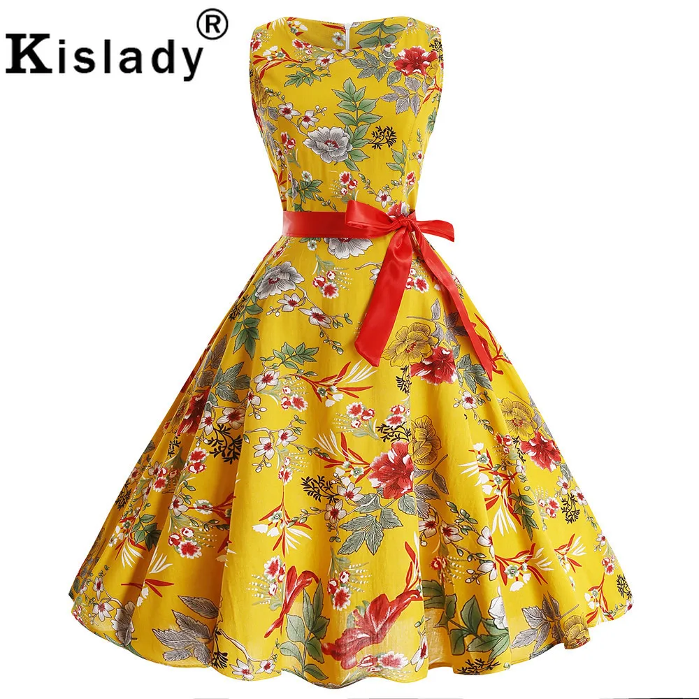 Женское винтажное платье в стиле Хепберн желтое с цветочным принтом без рукавов