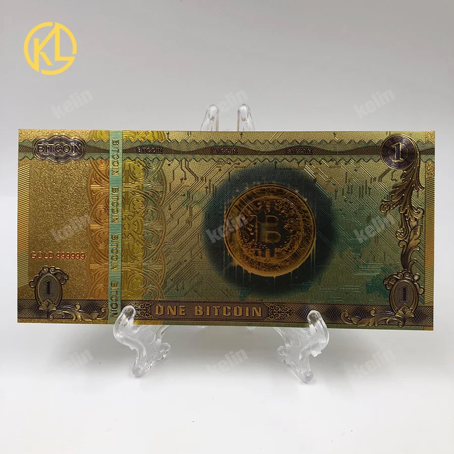 

100pcs/lot ONE BITCOIN plastic souvenir Gold banknotes bitcoin ticket with UV lighter watermark for collection and playing money