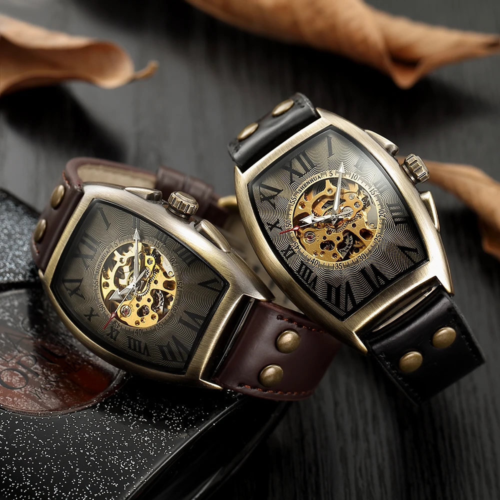 Новые мужские часы Скелет автоматические механические бронзовые мужские часы Череп лучший бренд класса люкс спортивные военные наручные часы relogio Masculino
