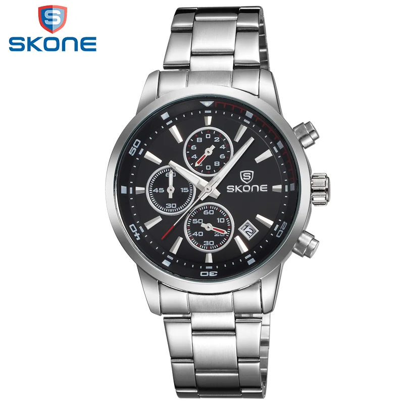 SKONE Chronograph Men Watches Complete Calendar Display Stainless Steel Band Relogio Masculino Black Dial Mens Wristwatches