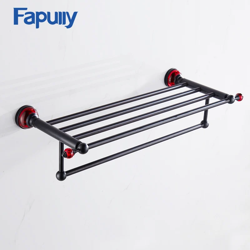 

Fapully Towel Rack Shelf with Bar Wall Mounted Space Aluminum Black Double Towel Rack Bathroom Accessories