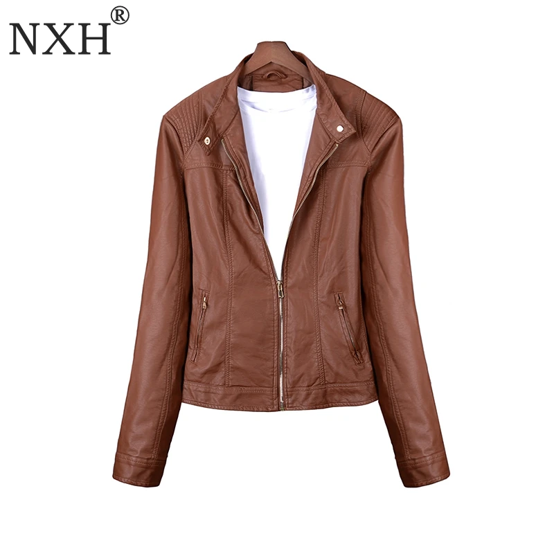 NXH настоящая фотография, весна и осень, высокое качество, Женская куртка из искусственной кожи, женская тонкая короткая Базовая куртка на молнии, s m l xl - Цвет: Коричневый