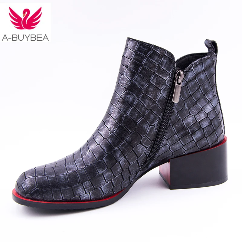 

2018 Spring New Women's Shoes Genuine Leather Ankle Boots Fashion Square heel sexy Round Toe High heels Zipper women boots