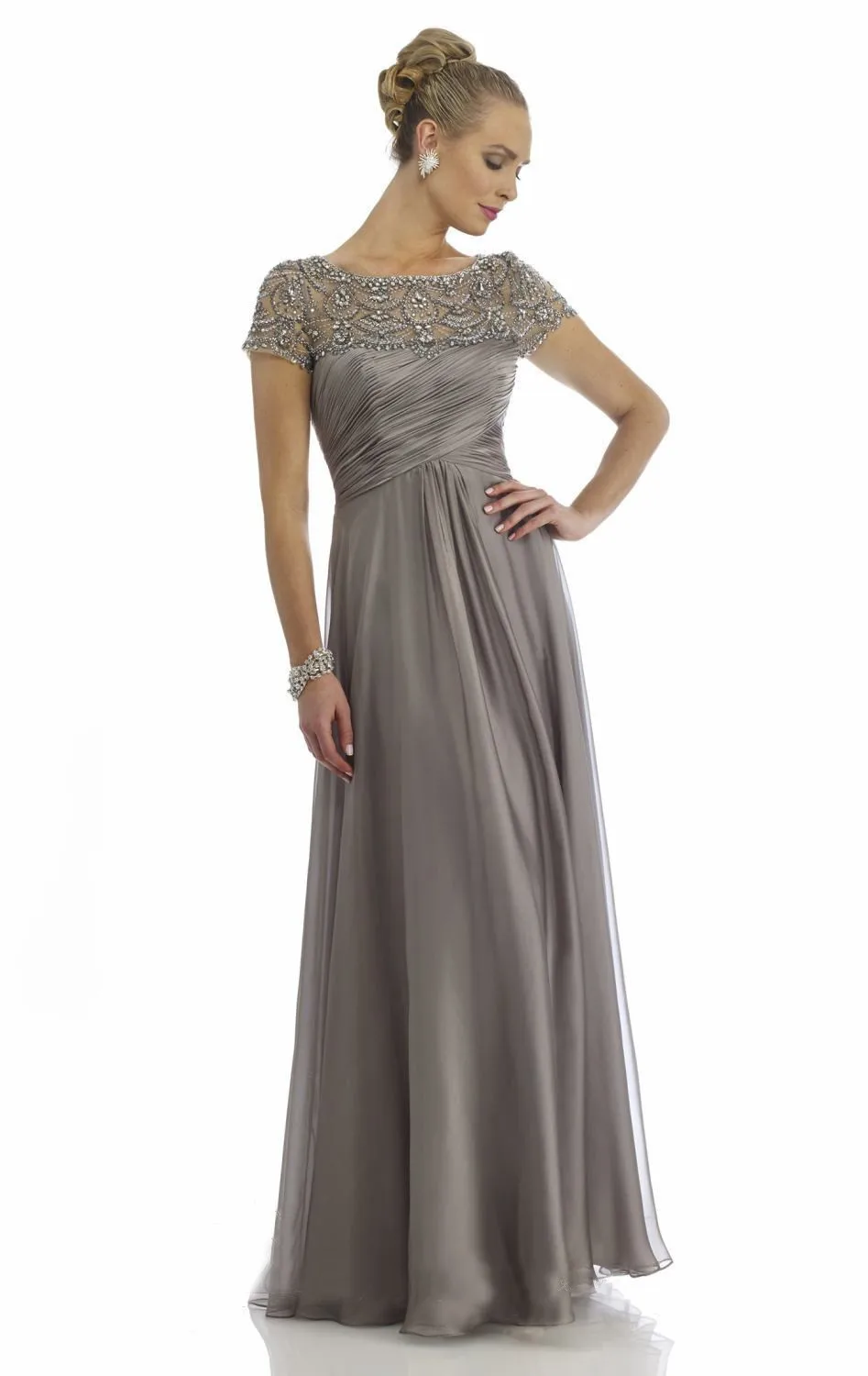 

New Elegant Long Chiffon Scoop A Line Grey Evening Dress 2016 Custom made Formal Beaded Appliques Short Sleeve Party Dress