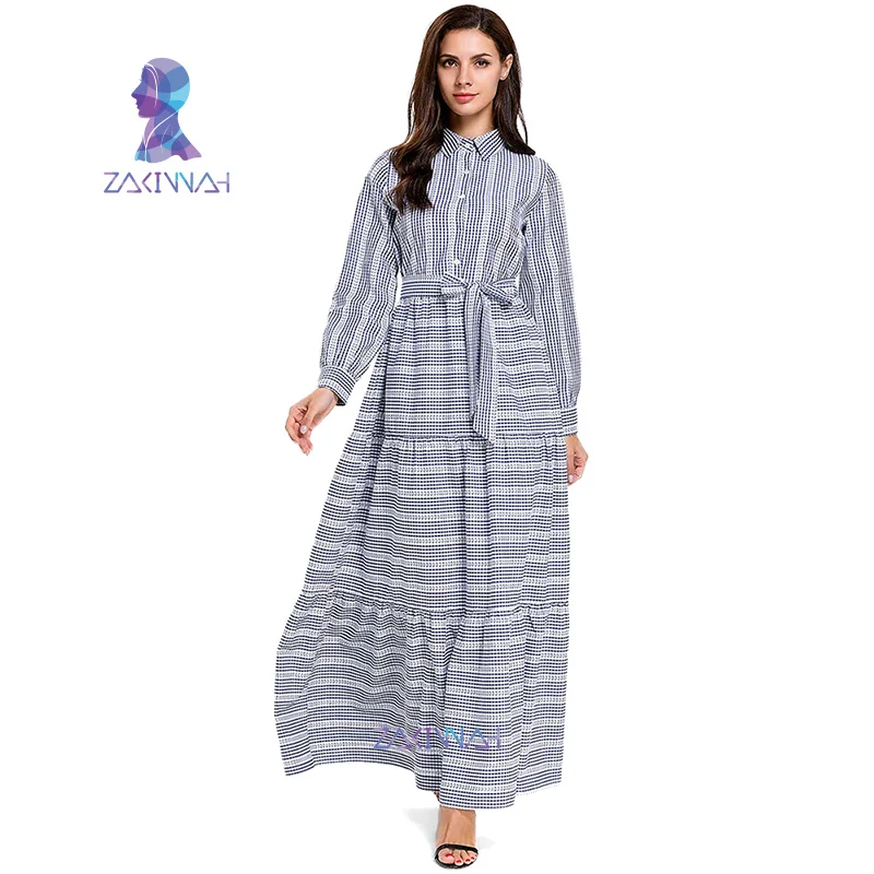 7661 плюс размер мусульманское женское платье Модная клетчатая рубашка Спереди открытая Однорядная кнопка с длинными рукавами на шнуровке длинное платье - Цвет: grey