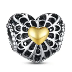 Осенняя коллекция 925 стерлингового серебра Винтаж сердечка с двухцветный Шарм Браслет Fit с золотой Цвет