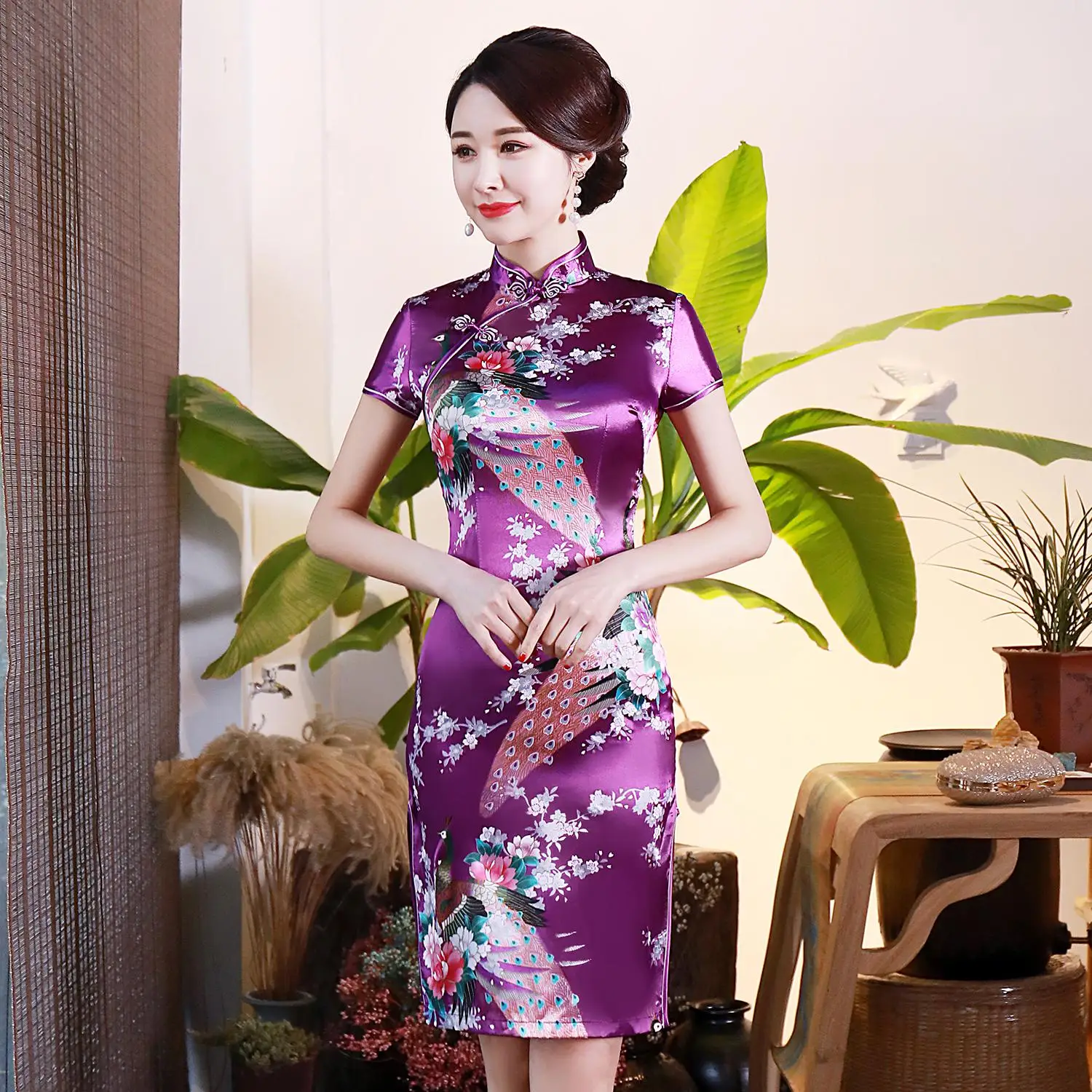 Черный цветочный принт женское короткое тонкое Cheongsam сексуальное китайское традиционное платье с высоким разрезом размера плюс вискоза Qipao Vestidos S-6XL - Цвет: Style E