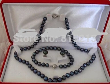 

Free shipping ddh001079 8-9mm Black Pearl Necklace Earrings Bracelet SET Cultured Freshwater