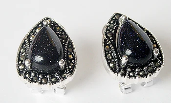 

VINTAGE 925 STERLING SILVER BLUE SAND jade MARCASITE STUD EARRINGS 15X19MM