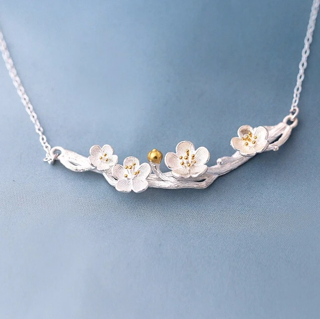 New 925 Sterling Silver Jewelry Beautiful Cherry Blossoms Choker