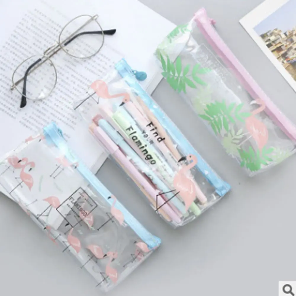 

Limit Shows 1pcs/sell Kawaii Pencil Case Transparent Cute Flamingo Leaves Pattern School Supplies Student Stationery Gift hot