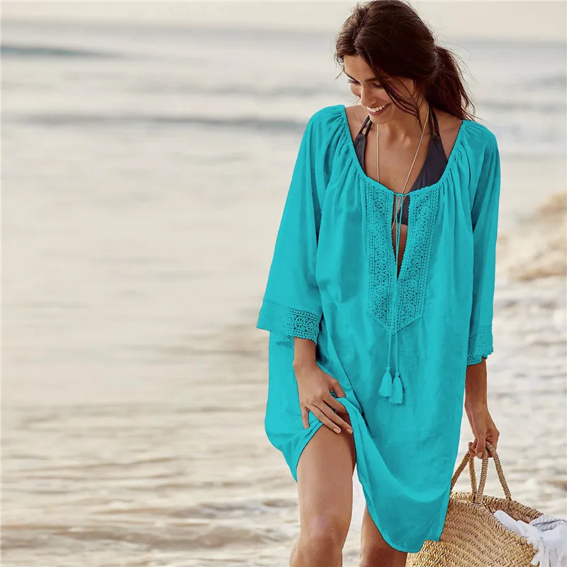 One Piece Cotton Tunics Beach Women Swimsuit Bikini Cover Up Beach Dress Summer Ladies Short Sleeve Cover-Ups Beachwear - Цвет: Синий