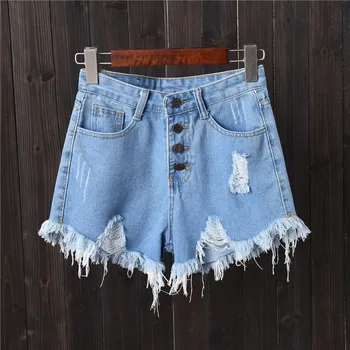 

Women Casual Four Button Denim Shorts Tassel Hole High Waist Short Jeans Plus Size Sexy Short Pants