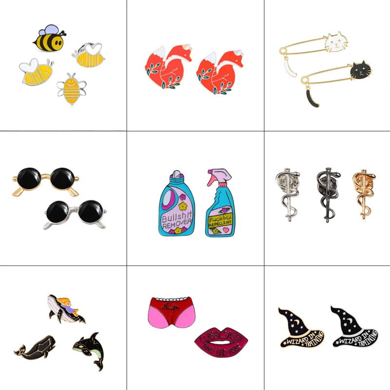 

2~4 Pcs/set Creative Enamel Brooches Animal Bee Fox Shark And Hat Glasses Detergent Lips Cute Clothing Lapel Button Pins Jewelry